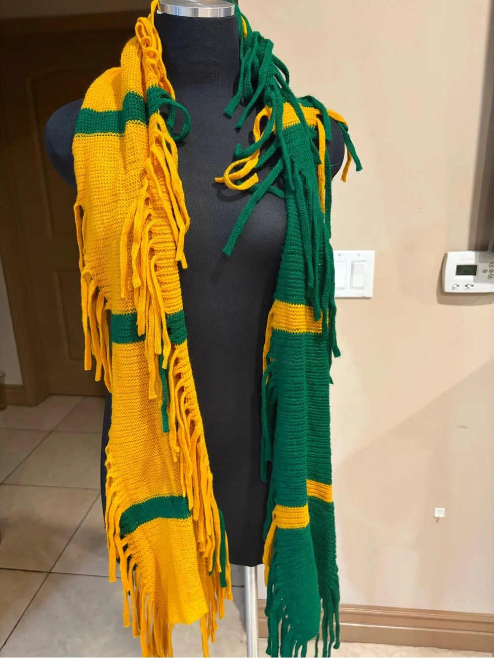 Green & Yellow Fringe Knit Scarf - Women's Accessory